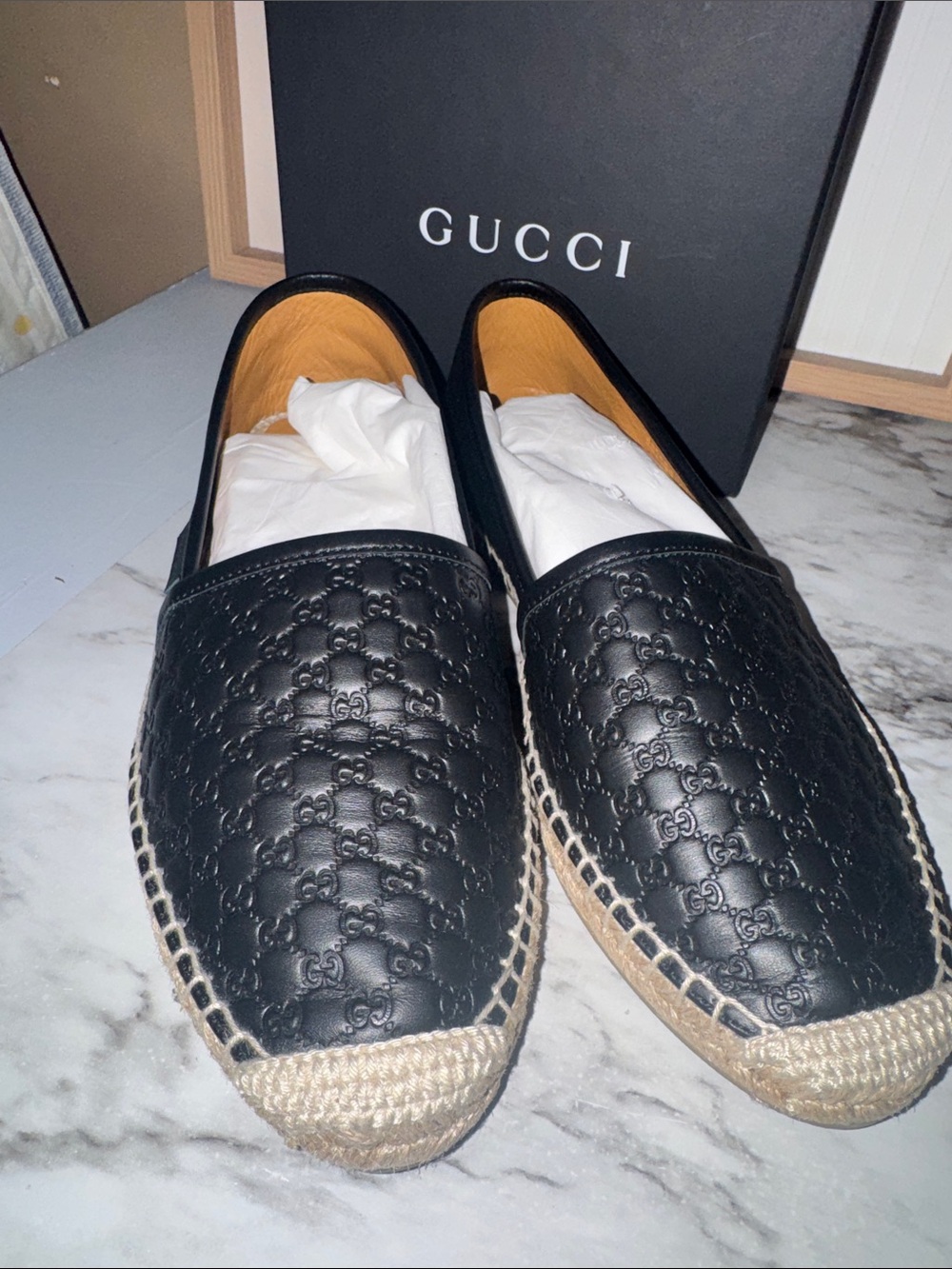 Gucci Black Leather Espadrille Slip-On Mules